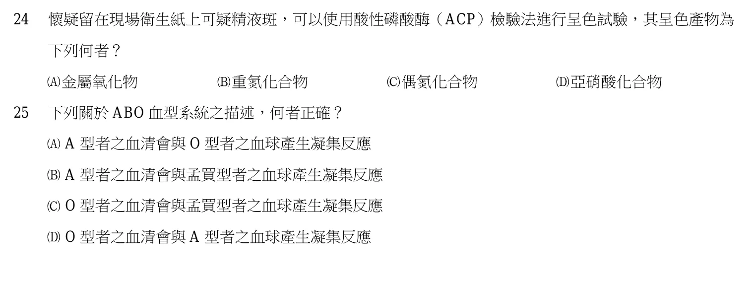 103 年 三等考試 刑案現場處理與刑事鑑識 第 24 題附圖