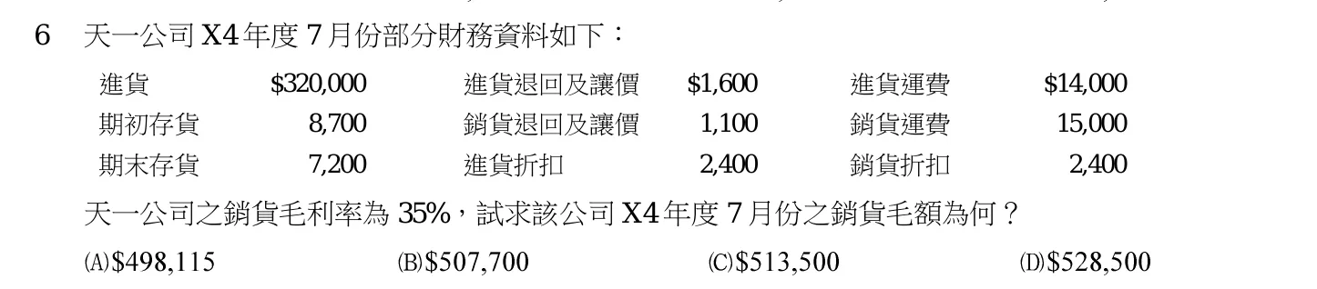103 年 高考三級 會計學 第 6 題附圖
