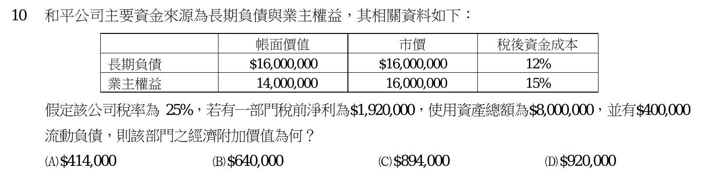 103 年 高考三級 成本與管理會計 第 10 題附圖