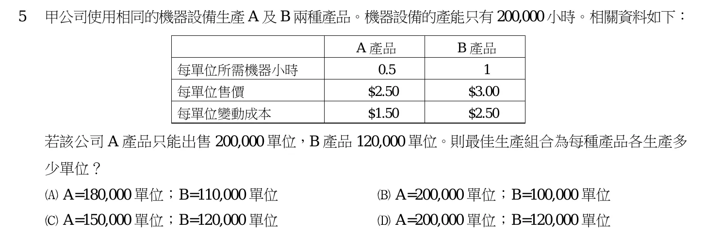 103 年 高考三級 成本與管理會計 第 5 題附圖