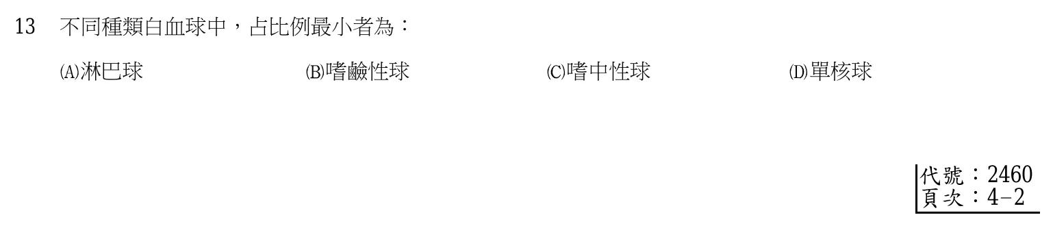 103 年 普通考試 動物解剖生理學概要 第 13 題附圖