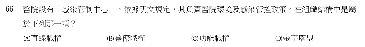 103 年第二次 基本護理學與護理行政 第 66 題附圖