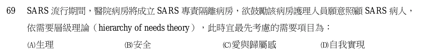 103 年第二次 基本護理學與護理行政 第 69 題附圖