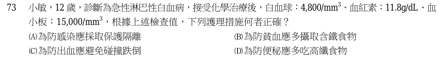 103 年第二次 產兒科護理學 第 73 題附圖