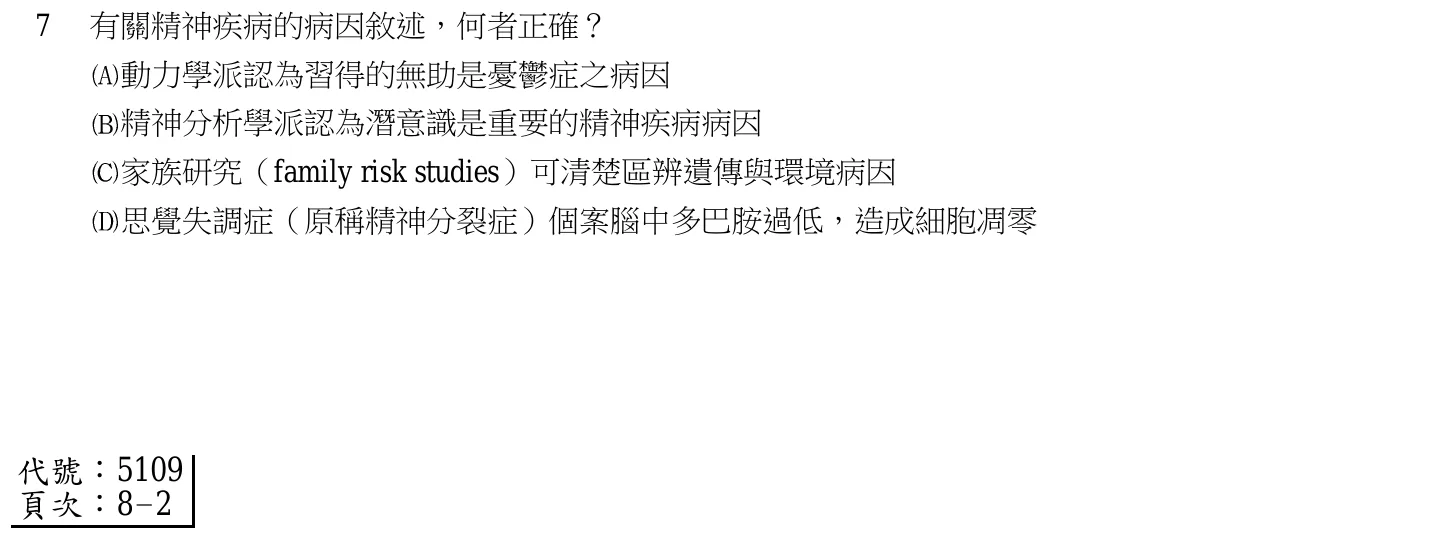 103 年第二次 精神科與社區衛生護理學 第 7 題附圖