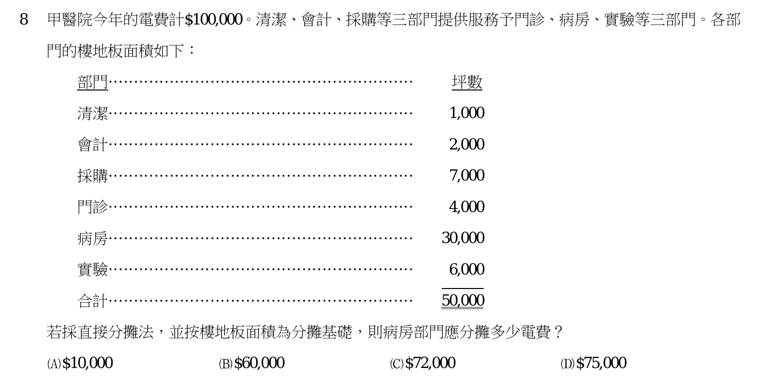 103 年 四等 成本與管理會計概要 第 8 題附圖