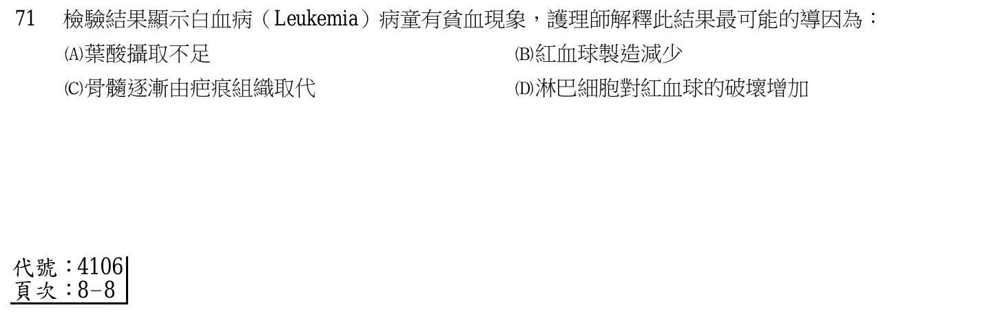 105 年第一次 產兒科護理學 第 71 題附圖