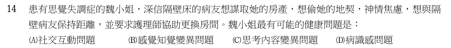 105 年第一次 精神科與社區衛生護理學 第 14 題附圖