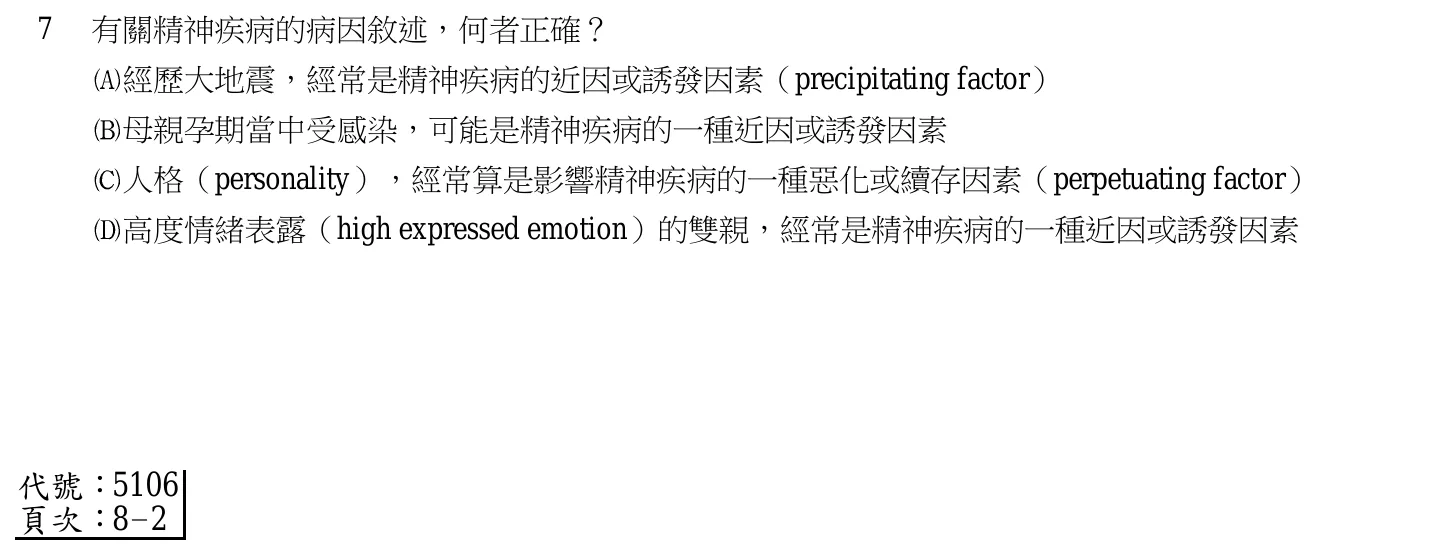 105 年第一次 精神科與社區衛生護理學 第 7 題附圖