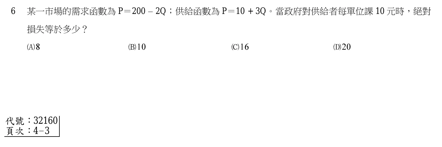 106 年 三等 經濟學概論與財政學概論 第 6 題附圖
