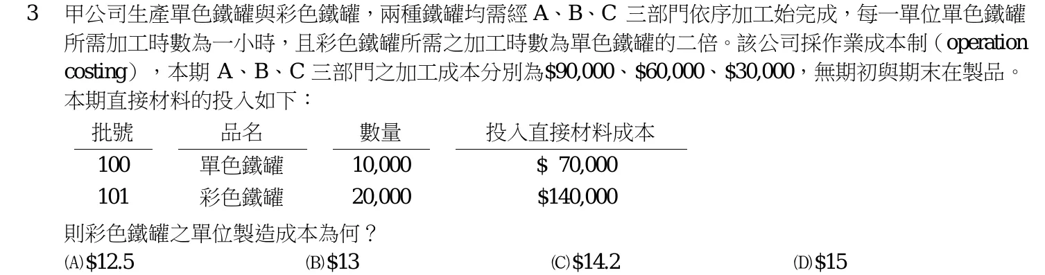 106 年 四等 成本與管理會計概要 第 3 題附圖