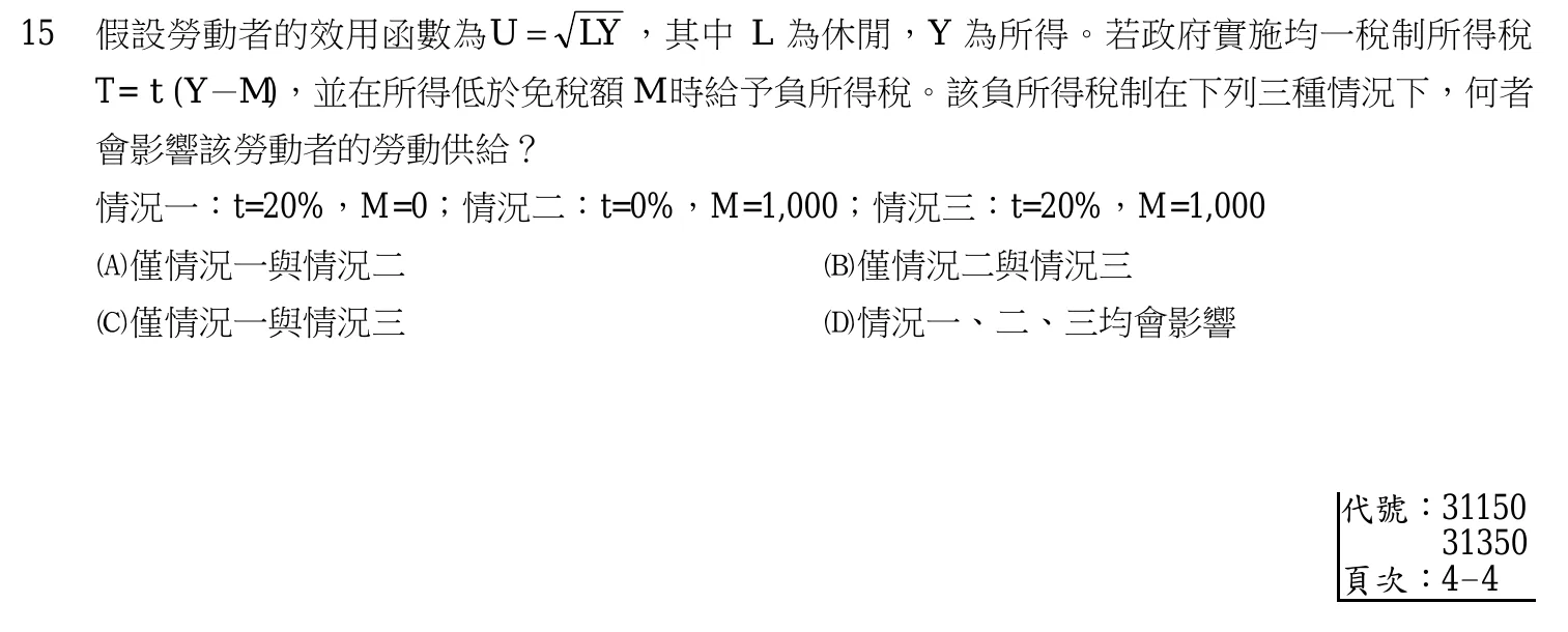 107 年 三等 財政學 第 15 題附圖