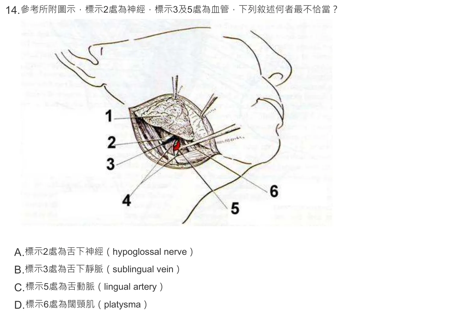 108 年第一次 牙醫學(一) 第 14 題附圖