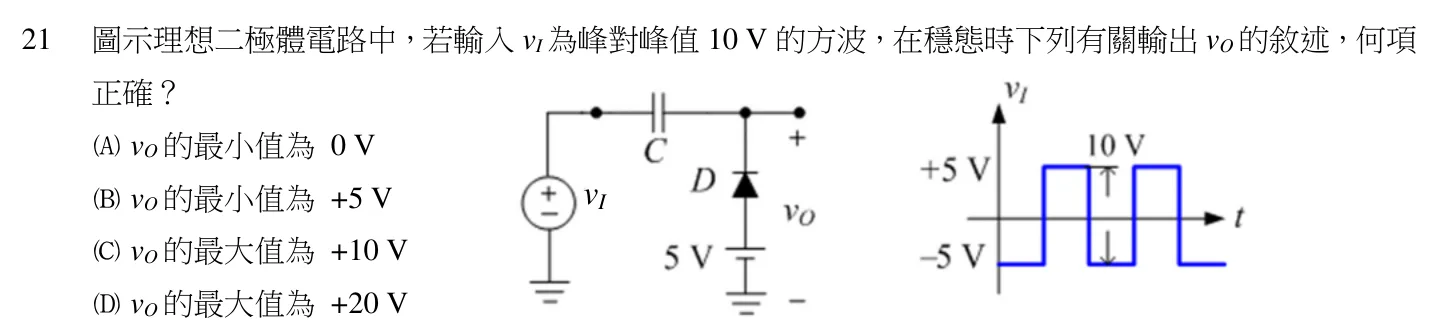 110 年 初等考試 電子學大意 第 21 題附圖