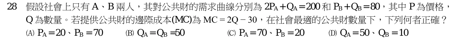 110 年 普通考試 經濟學概要與財政學概要 第 28 題附圖
