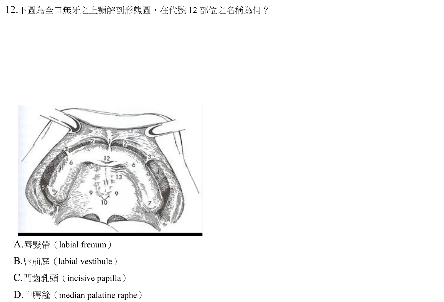 111 年第一次 牙醫學（五） 第 12 題附圖