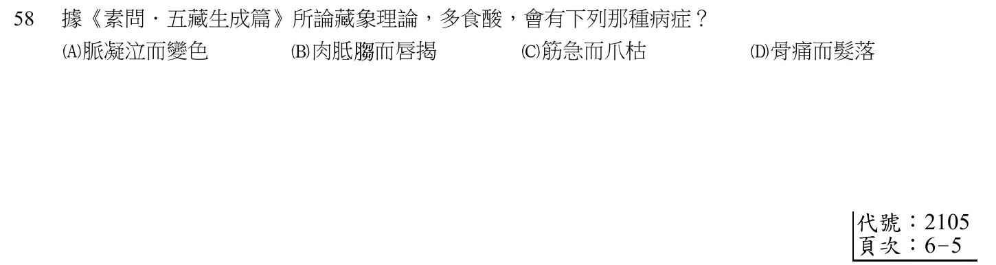 103 年第二次 中醫基礎醫學(一) 第 58 題附圖